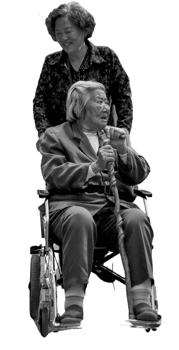 old women in a wheelchair assisted by a lady