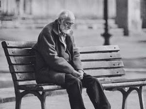 old man sitting alone in a bench with heads down